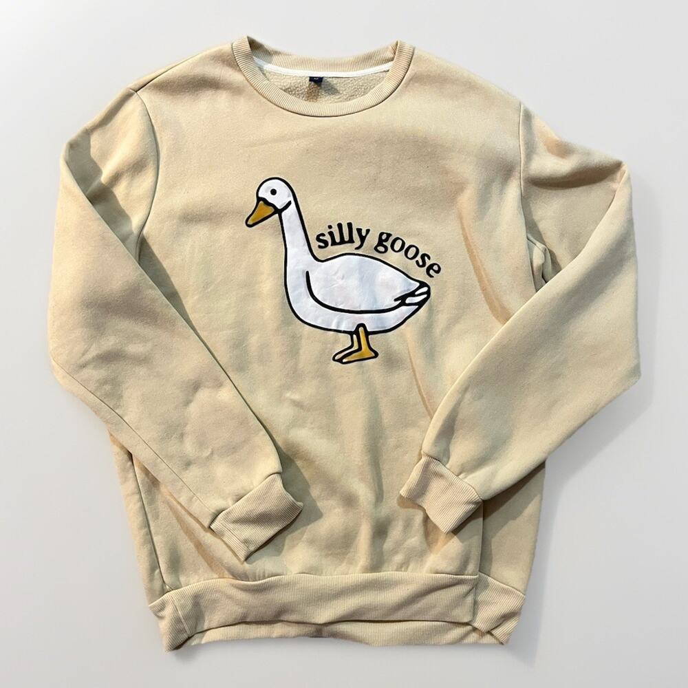 Graphic Pullover Sweatshirt Beige “Silly Goose” Cartoon Duck Unisex Cozy